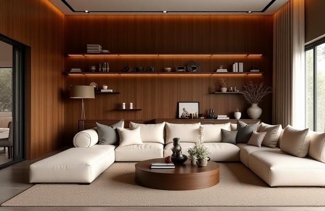 Villa salonunda özgün ceviz panel ve raf uygulaması